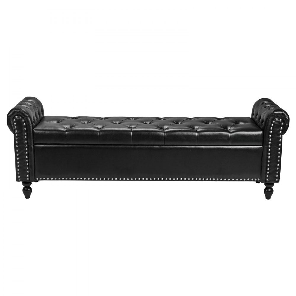 Button-Tufted Storage Ottoman Bench Rolled Arm PU Leather Wood Legs 1660 x 460 x 560 mm Black