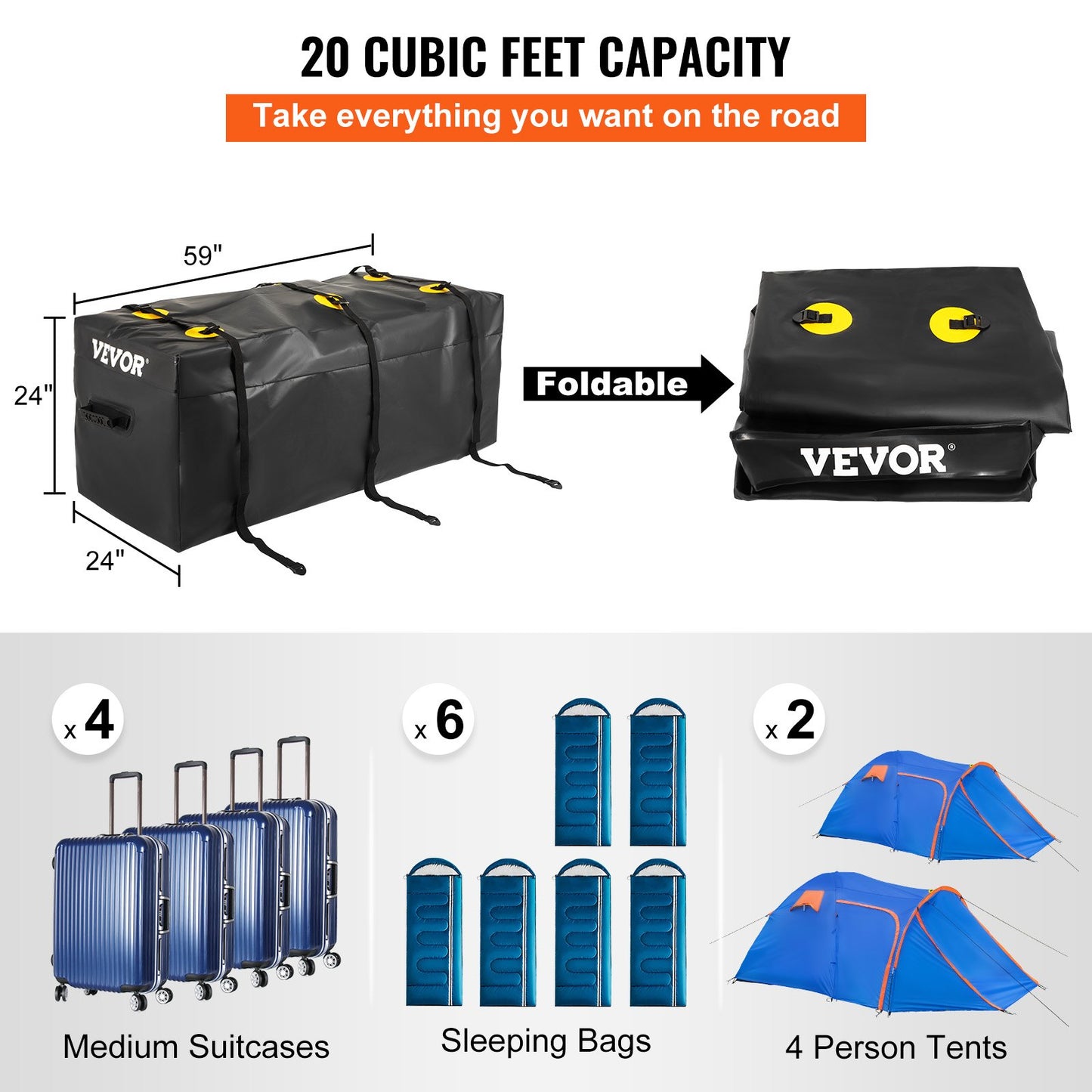 VEVOR Hitch Cargo Carrier Bag, Waterproof 840D PVC, 59"x24"x24" (20 Cubic Feet),