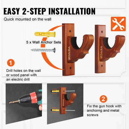 Wall-Mounted Wooden Gun Rack with Hooks for Single Firearm, 22.67 kg Capacity