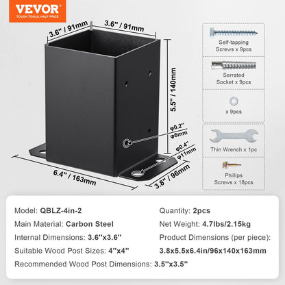 VEVOR 101.6x101.6mm Post Base 2 Pcs, Inner Size 91x91 Post Base Brackets, Heavy