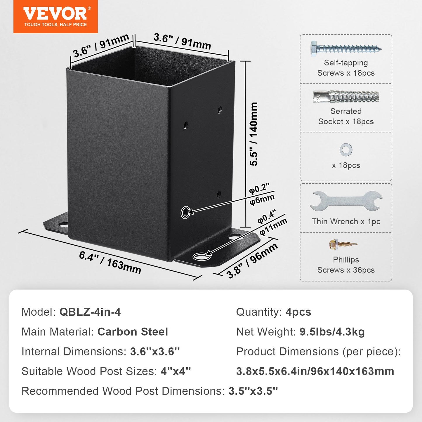 VEVOR 101.6x101.6mm Post Base 4 Pcs, Inner Size 91x91 Post Base Brackets, Heavy