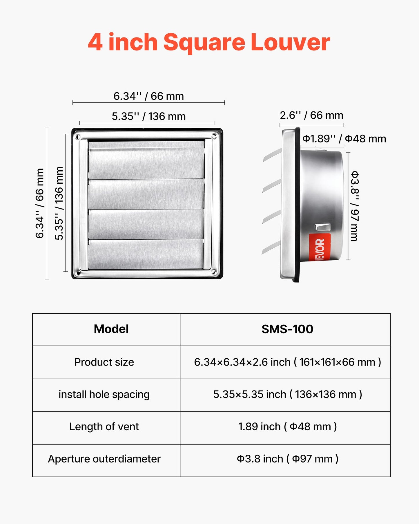 97mm Wall Vent Cover, Louvered Square AC Vent Gable Cover, Premium Stainless Steel & with Noise Reducing Rubber Gasket, for House,Bathroom,Garage,Kitchen,Basement (1 Pack, Silver)