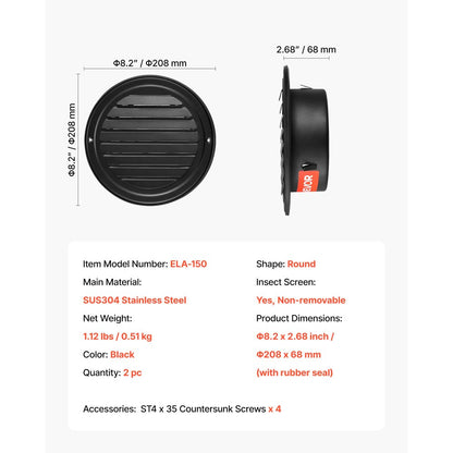 145 mm Round Wall Vent Cover Stainless Steel AC Vent 2 Pack Black