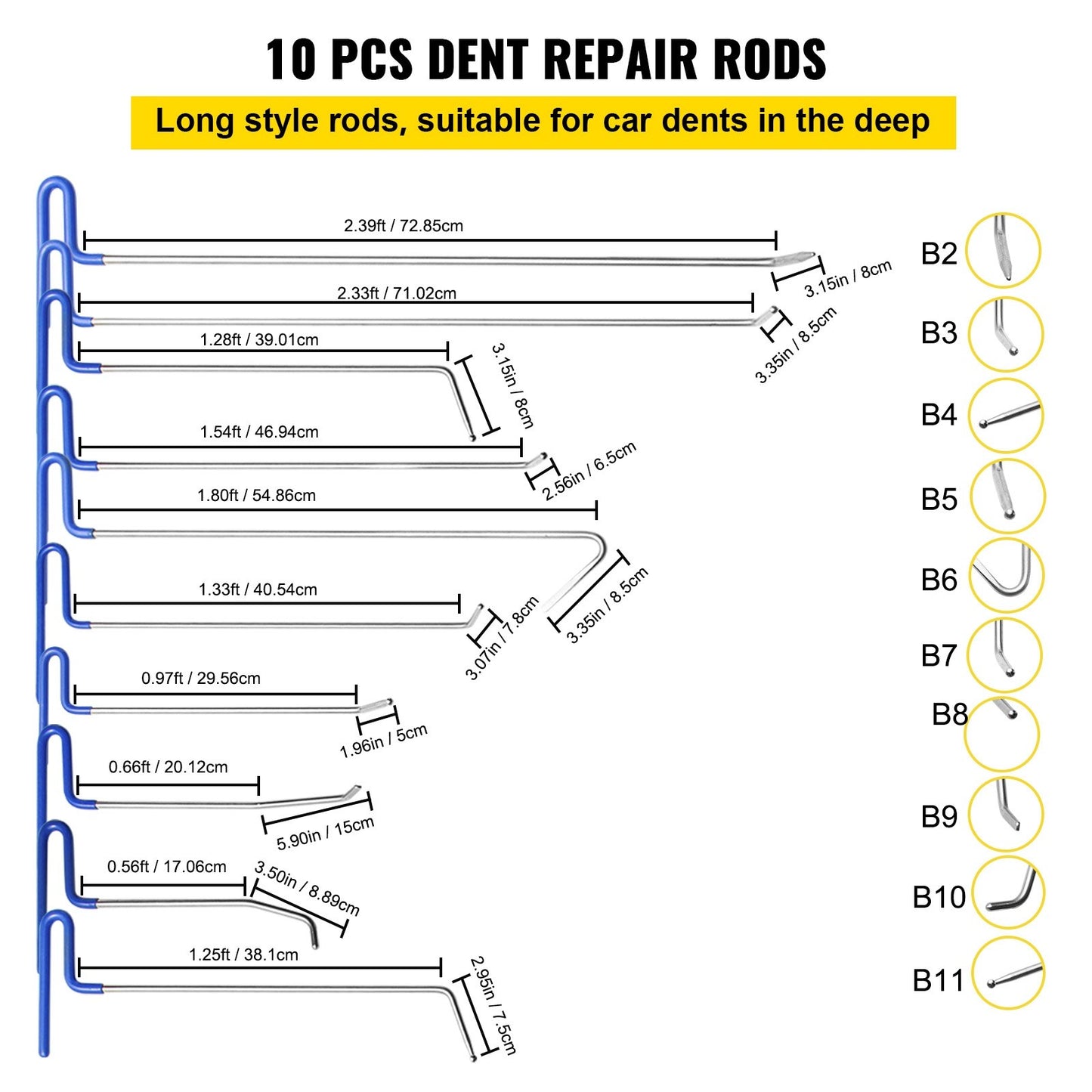 VEVOR Rods Dent Removal Kit, 20 Pcs Paintless Dent Repair Rods, Stainless Steel
