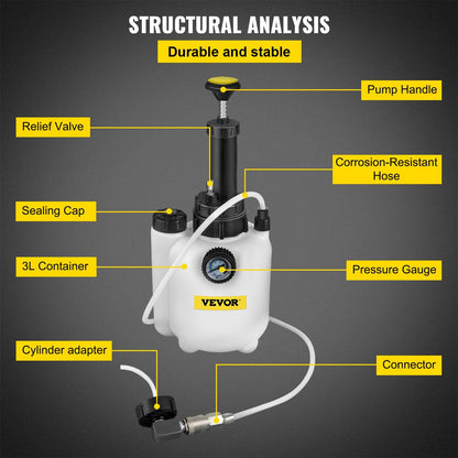 Brake Fluid Bleeder Tool, 3L Capacity, Corrosion-Resistant with Gauge & Valve