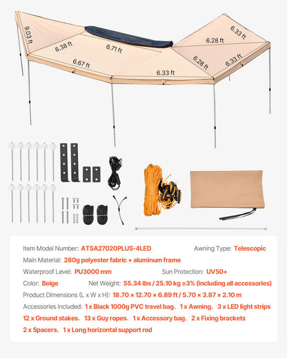 270 Degree Awning with Bulit-in LED Lights, 10.9 ㎡ Driver Side Vehicle Awning, Waterproof UV50+ Car Side Awnings, All-Weather Free-Standing Overland Awnings Car Shelter for SUV Truck Camping