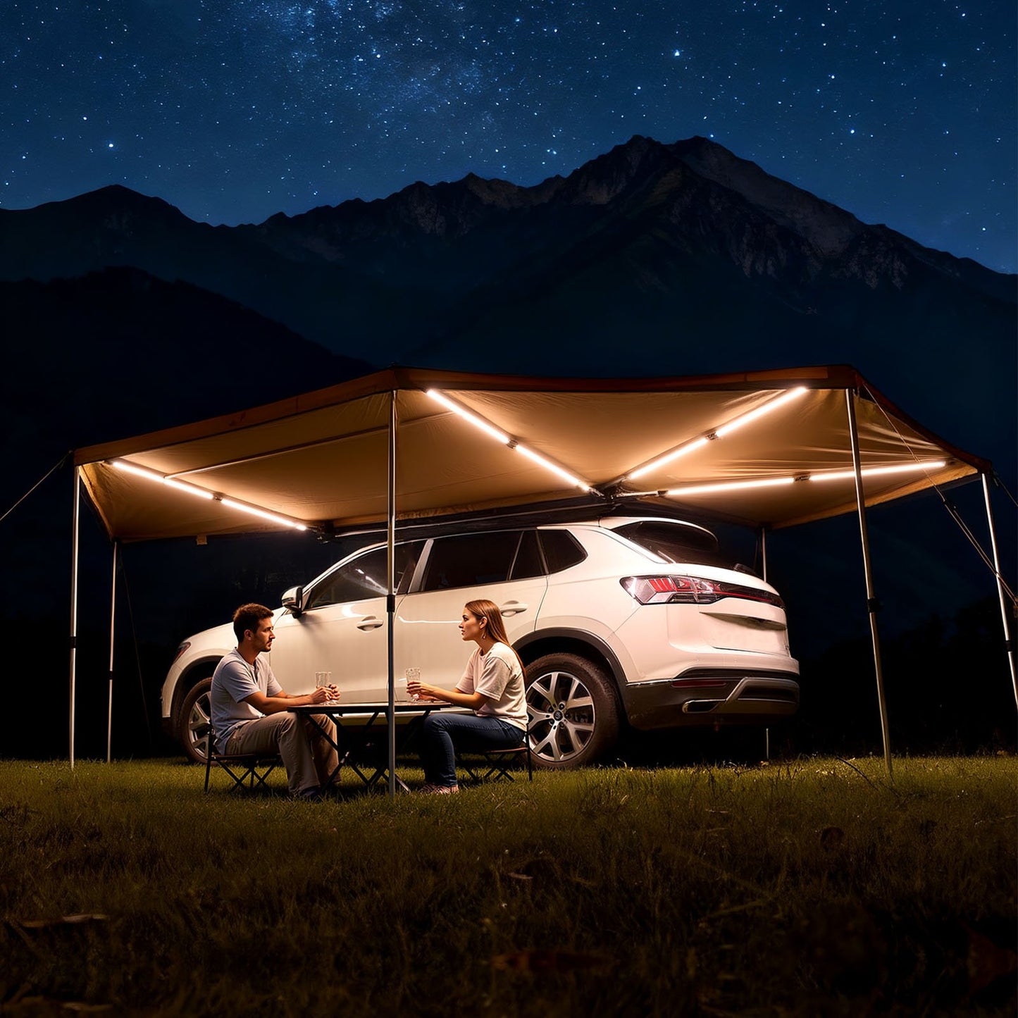 270 Degree Awning with Bulit-in LED Lights, 12.4 ㎡ Driver Side Vehicle Awning, Waterproof UV50+ Car Side Awnings, All-Weather Free-Standing Overland Awnings Car Shelter for SUV Truck Camping