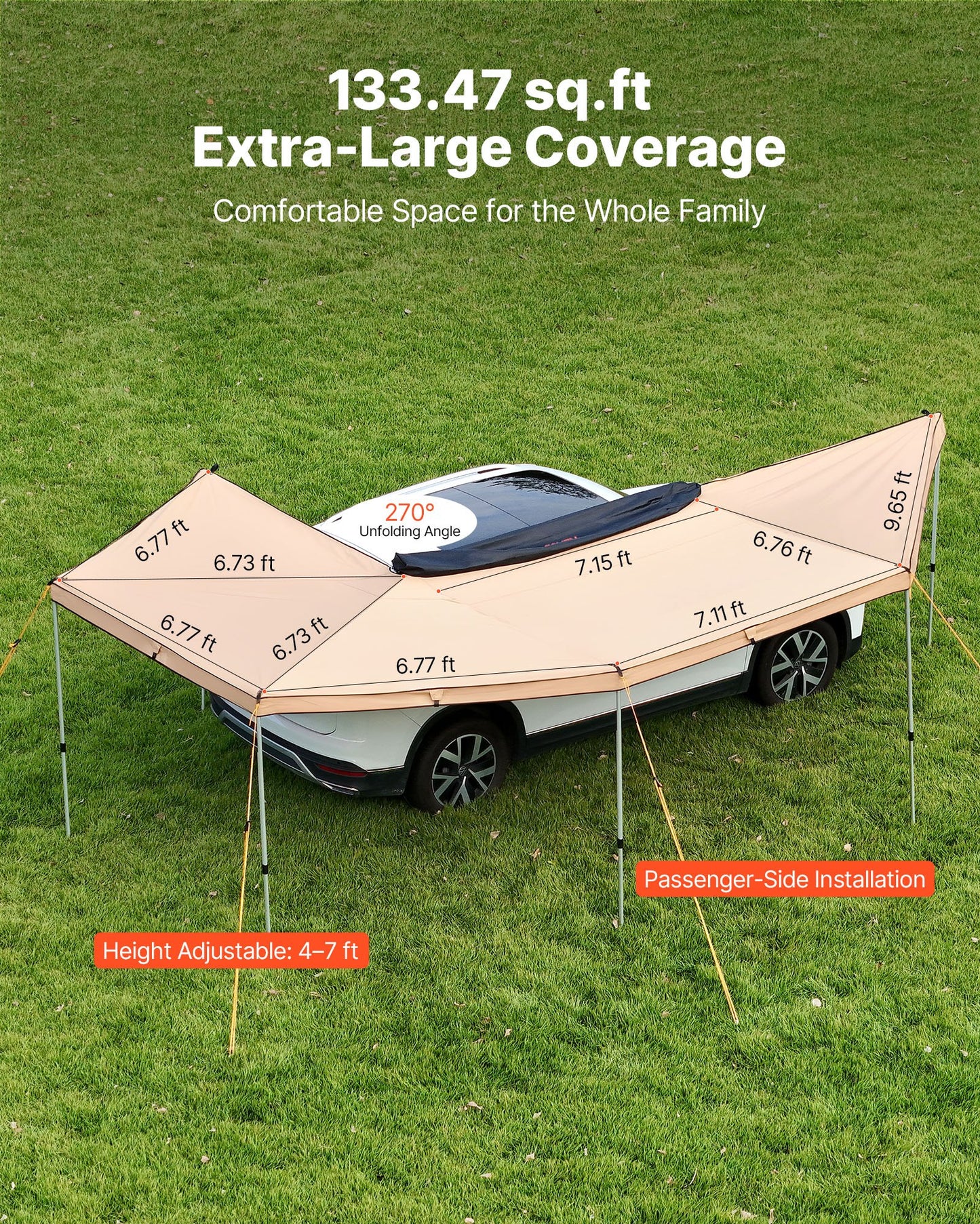 270 Degree Awning, 12.4 ㎡ Driver Side Vehicle Awning, Waterproof UV50+ Car Side Awnings with Carry Bag, All-Weather Free-Standing Overland Awnings Car Shelter for SUV Van Truck Camping