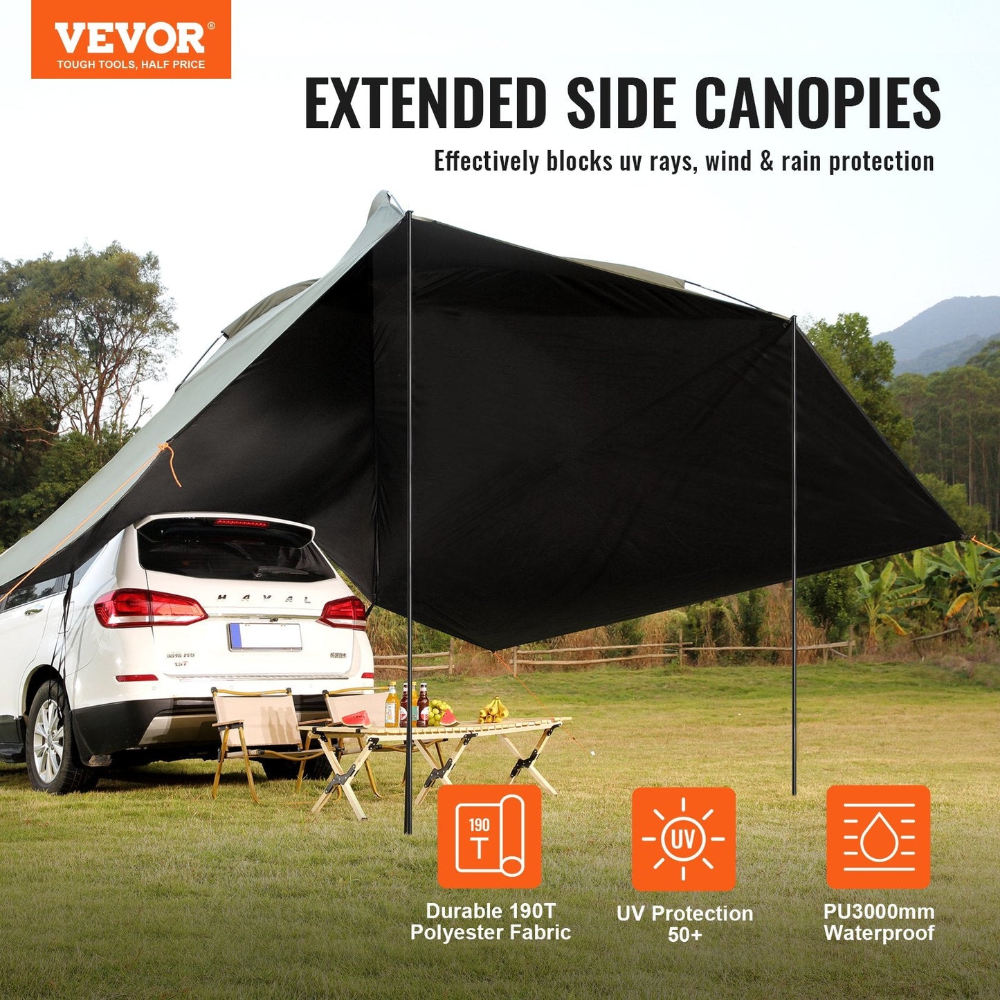 Large Vehicle Awning with UV Protection and Portable Storage, 3m x 2m Shade Area