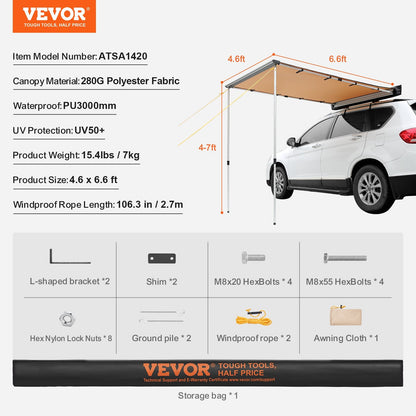 Retractable 1.4x2m Car Side Awning with UV Protection and Waterproof Bag