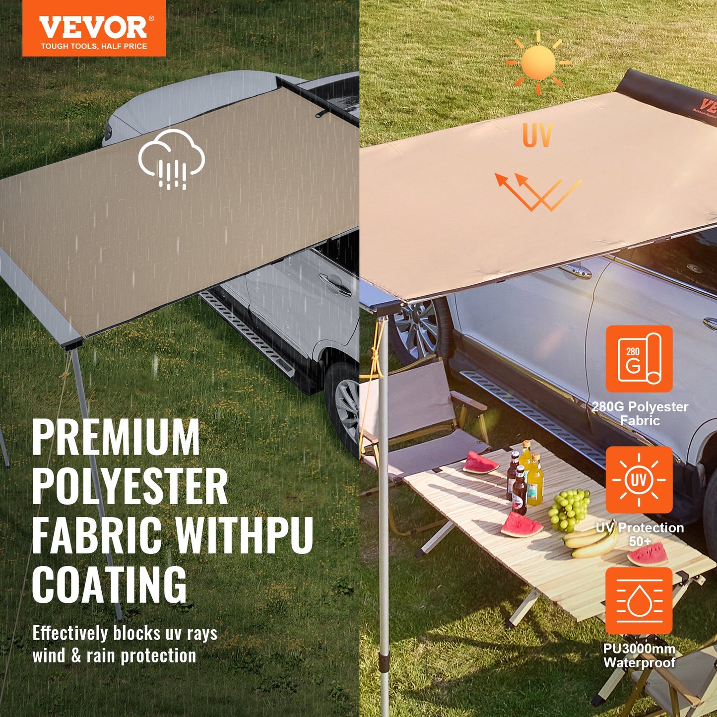 VEVOR Car Side Awning, Large 6.6' x 8.2' Shade Coverage Vehicle Awning, PU3000mm