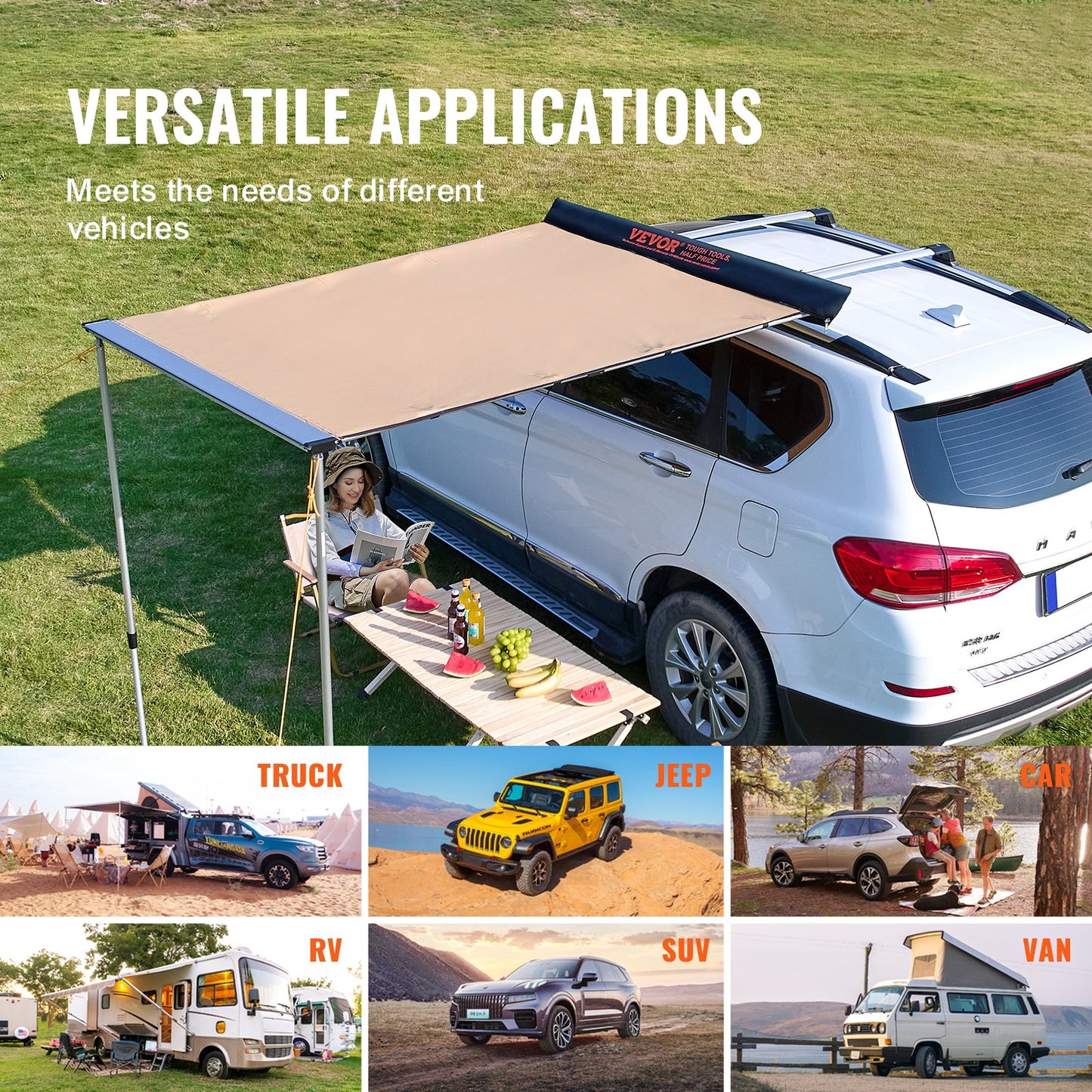 VEVOR Car Side Awning, Large 6.6' x 8.2' Shade Coverage Vehicle Awning, PU3000mm