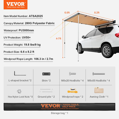 VEVOR Car Side Awning, Large 6.6' x 8.2' Shade Coverage Vehicle Awning, PU3000mm