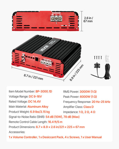 Monoblock Car Amplifier, 3000W RMS MAX, 1/2/4 Ohm Stable, 1-Channel Class D Car Audio Amplifier with Remote Subwoofer Level Control, Low Pass Filter and Bass Boost, Volume Controller Included