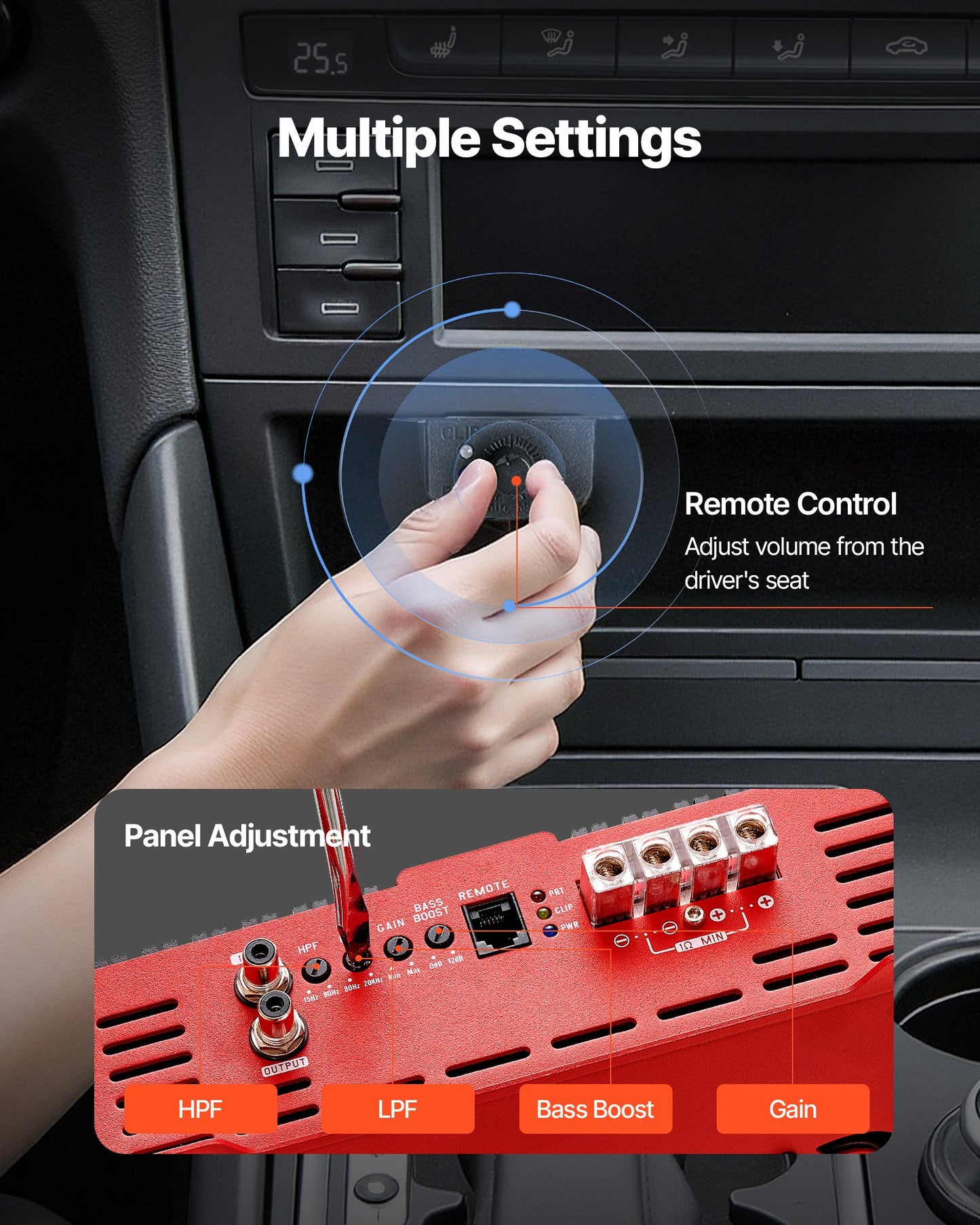 Monoblock Car Amplifier, 2000W RMS MAX, 1/2/4 Ohm Stable, 1-Channel Class D Car Audio Amplifier with Remote Subwoofer Level Control, Low Pass Filter and Bass Boost, Volume Controller Included