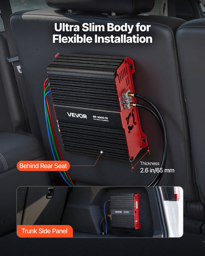 Monoblock Car Amplifier, 2000W RMS MAX, 1/2/4 Ohm Stable, 1-Channel Class D Car Audio Amplifier with Remote Subwoofer Level Control, Low Pass Filter and Bass Boost, Volume Controller Included