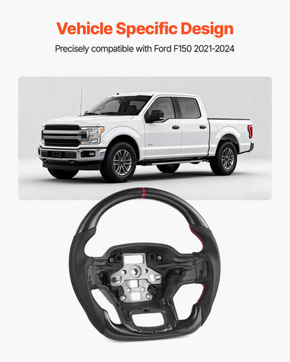 Steering Wheel for 2021-2024 Ford F150, Carbon Fiber Steering Wheel D-Shaped Flat-Bottom, Leather Grip with Non-Slip Texture & Precise Stitching, Accessories Replacement for Ford F150, Black