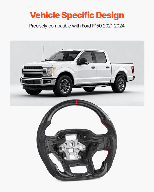 Steering Wheel for 2021-2024 Ford F150, Carbon Fiber Steering Wheel D-Shaped Flat-Bottom, Leather Grip with Non-Slip Texture & Precise Stitching, Accessories Replacement for Ford F150, Black