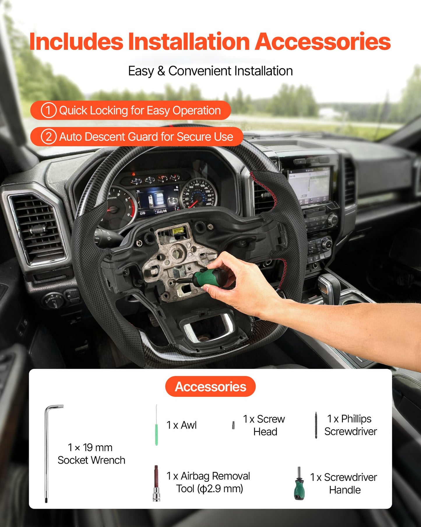 Steering Wheel for 2021-2024 Ford F150, Carbon Fiber Steering Wheel D-Shaped Flat-Bottom, Leather Grip with Non-Slip Texture & Precise Stitching, Accessories Replacement for Ford F150, Black