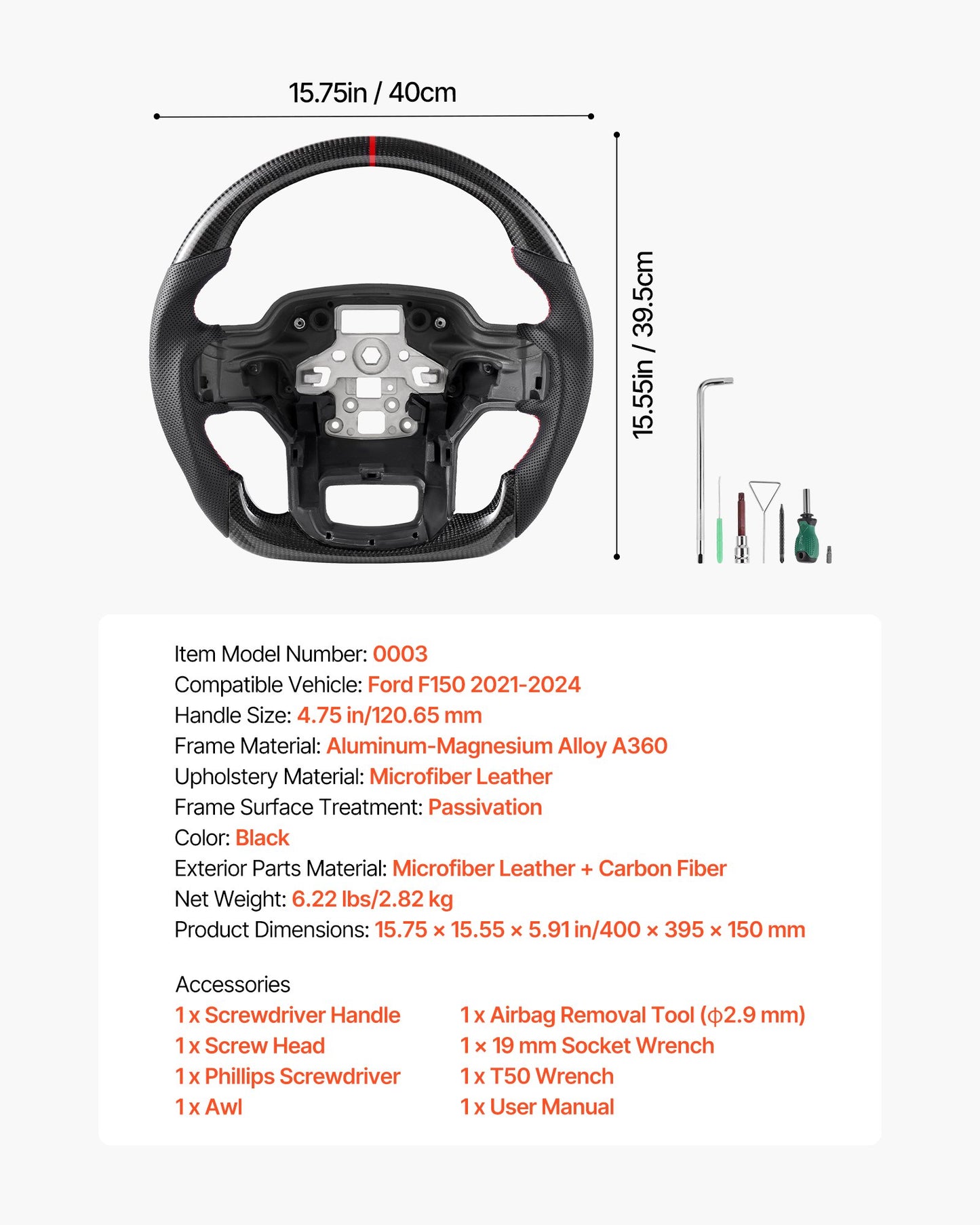 Steering Wheel for 2021-2024 Ford F150, Carbon Fiber Steering Wheel D-Shaped Flat-Bottom, Leather Grip with Non-Slip Texture & Precise Stitching, Accessories Replacement for Ford F150, Black