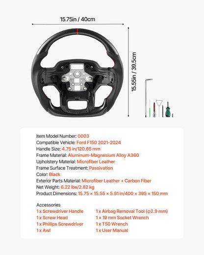 Steering Wheel for 2021-2024 Ford F150, Carbon Fiber Steering Wheel D-Shaped Flat-Bottom, Leather Grip with Non-Slip Texture & Precise Stitching, Accessories Replacement for Ford F150, Black