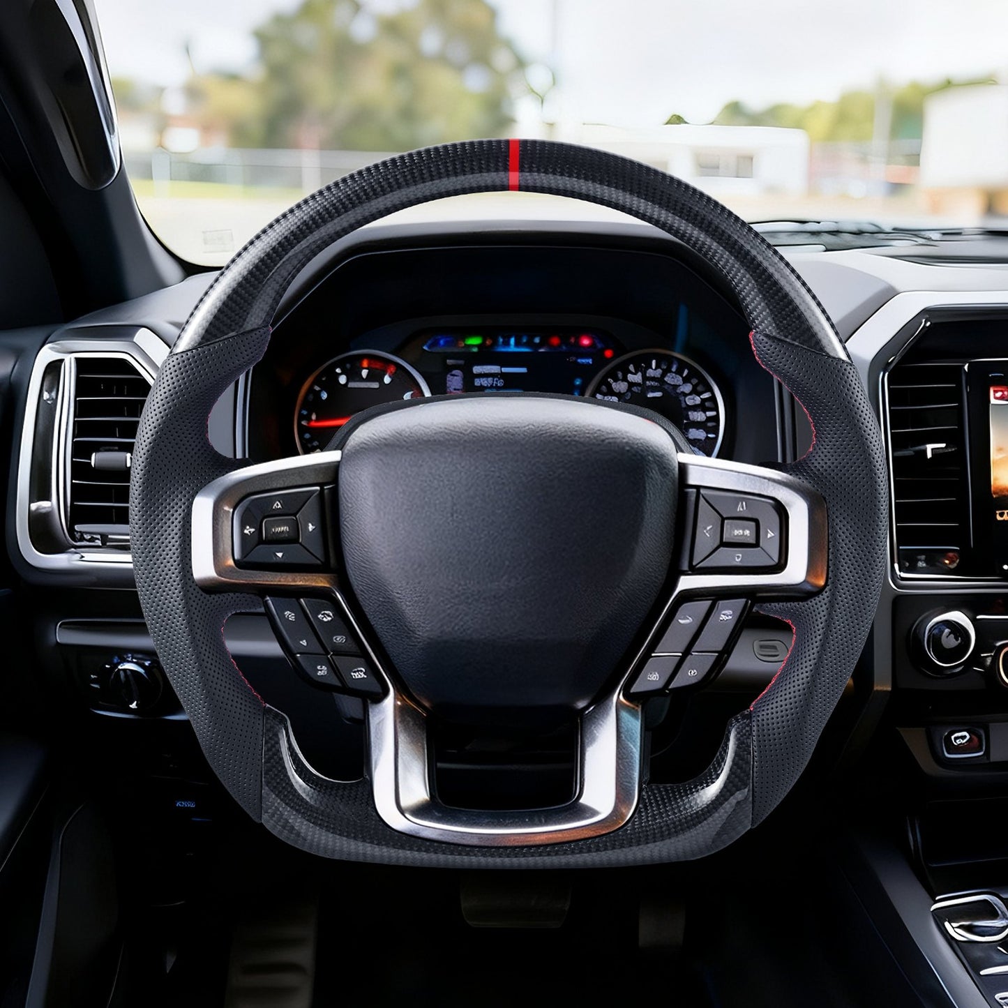 Steering Wheel for 2021-2024 Ford F150, Carbon Fiber Steering Wheel D-Shaped Flat-Bottom, Leather Grip with Non-Slip Texture & Precise Stitching, Accessories Replacement for Ford F150, Black