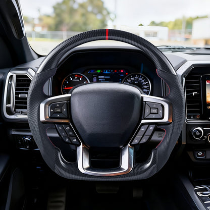 Steering Wheel for 2021-2024 Ford F150, Carbon Fiber Steering Wheel D-Shaped Flat-Bottom, Leather Grip with Non-Slip Texture & Precise Stitching, Accessories Replacement for Ford F150, Black