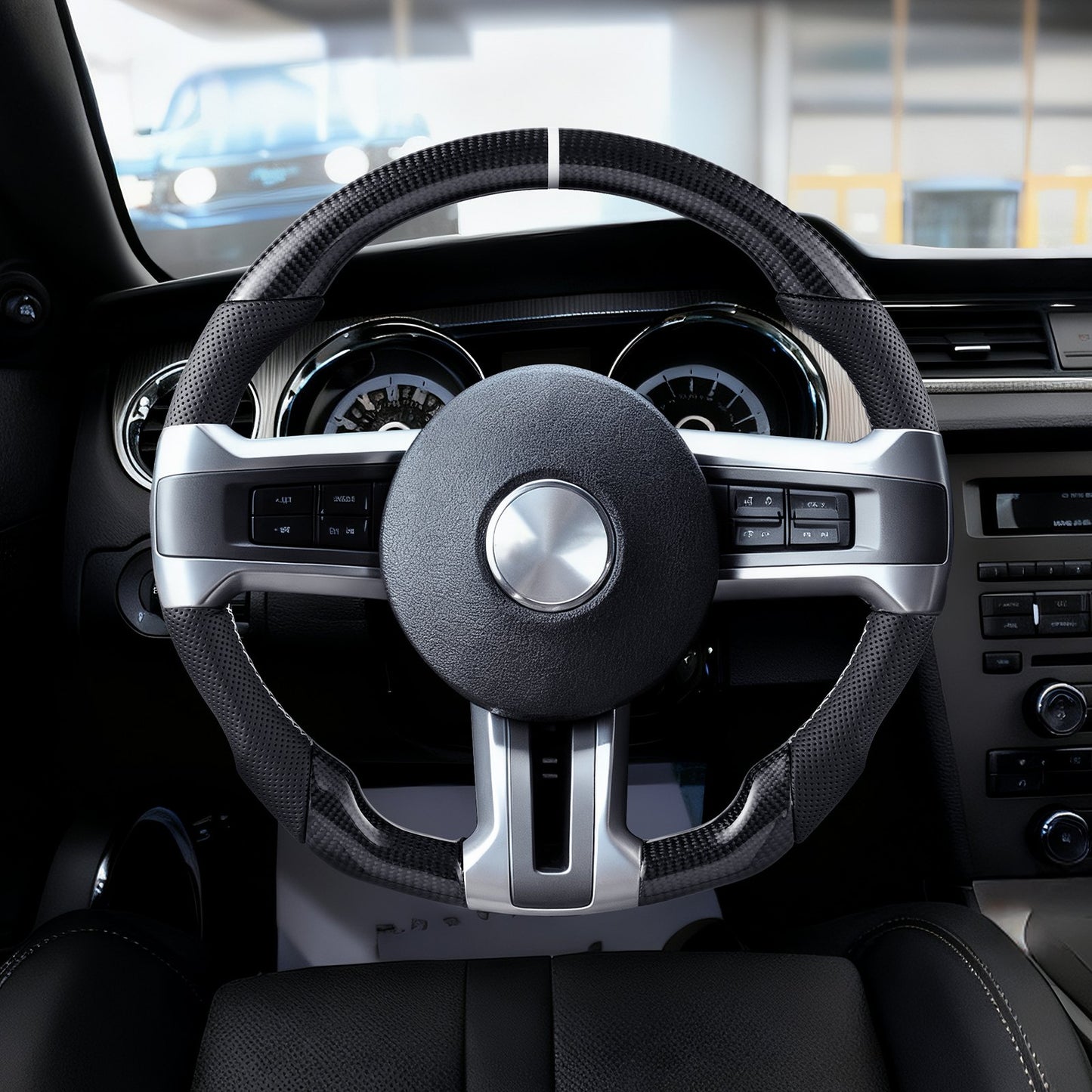 Steering Wheel for 2010-2014 Ford Mustang, Carbon Fiber Steering Wheel D-Shaped Flat-Bottom, Leather Grip with Non-Slip Texture & Precise Stitching, Accessories Replacement for Mustang, Black