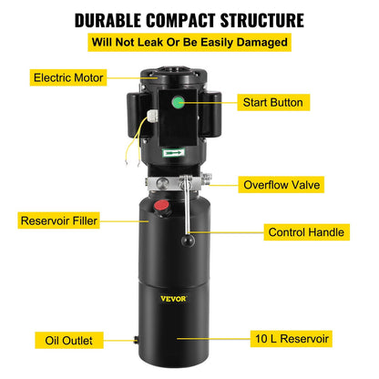 240V Hydraulic Power Pack for Car Lifts, 3 HP, 2950 PSI, 10L Tank
