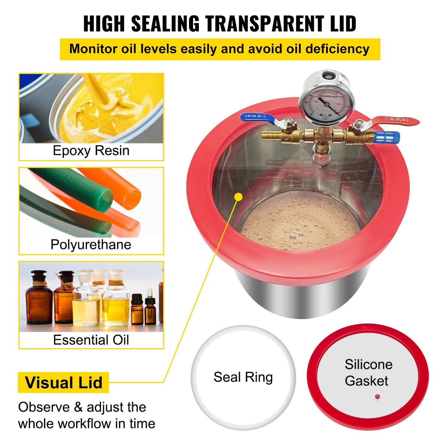 VEVOR Vacuum Chamber 1.5 Gallon Vacuum Degassing Chamber Glass Lid Stainless Steel