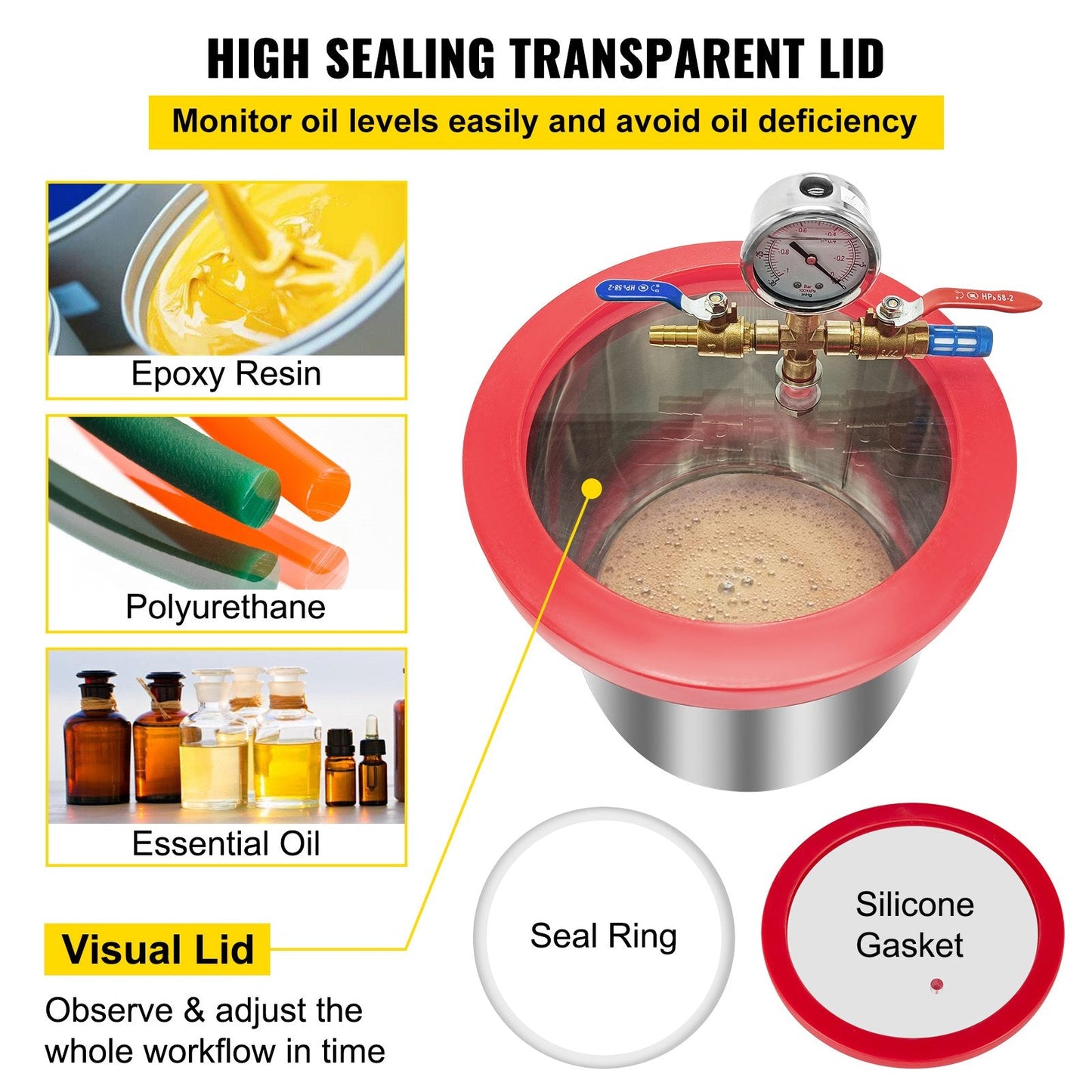 1.5 Gallon Stainless Steel Vacuum Chamber with Glass Lid for Degassing