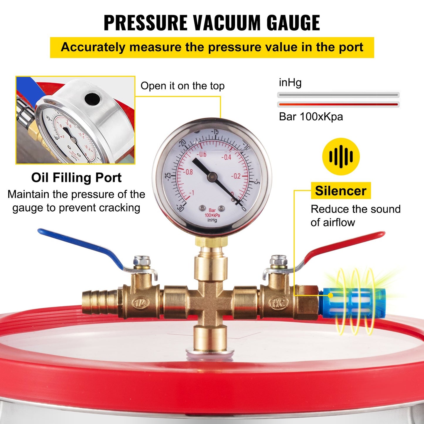 VEVOR Vacuum Chamber 1.5 Gallon Vacuum Degassing Chamber Glass Lid Stainless Steel