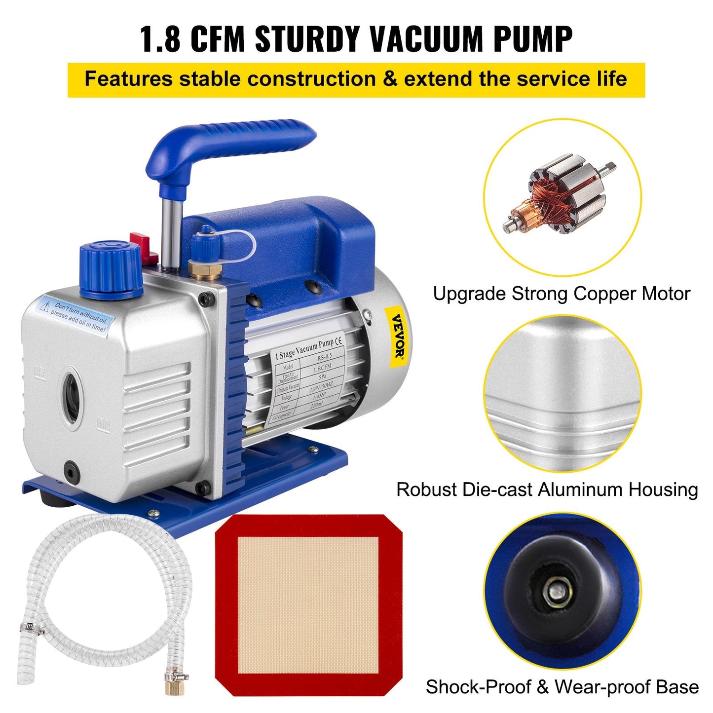 1.8 CFM Vacuum Pump with 7.5L Chamber, 1/4 HP, Copper Motor, Low Noise