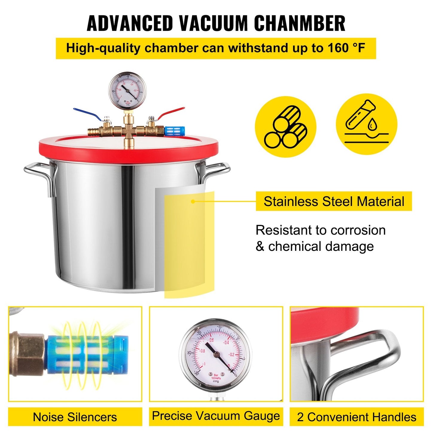 1.8 CFM Vacuum Pump with 7.5L Chamber, 1/4 HP, Copper Motor, Low Noise