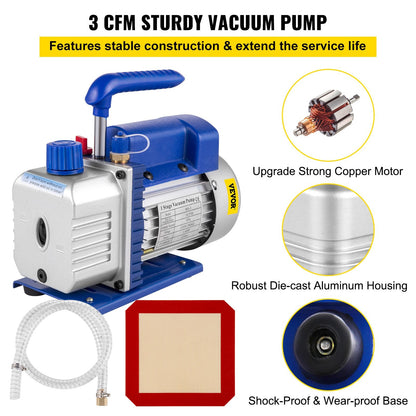 3 Gallon Vacuum Chamber with 3CFM Vacuum Pump, 12L Capacity, 1/4 HP Power