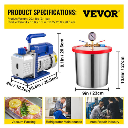 4 CFM 1/3 HP Vacuum Pump with 11.4-Liter Chamber, Low Noise & Durable Design