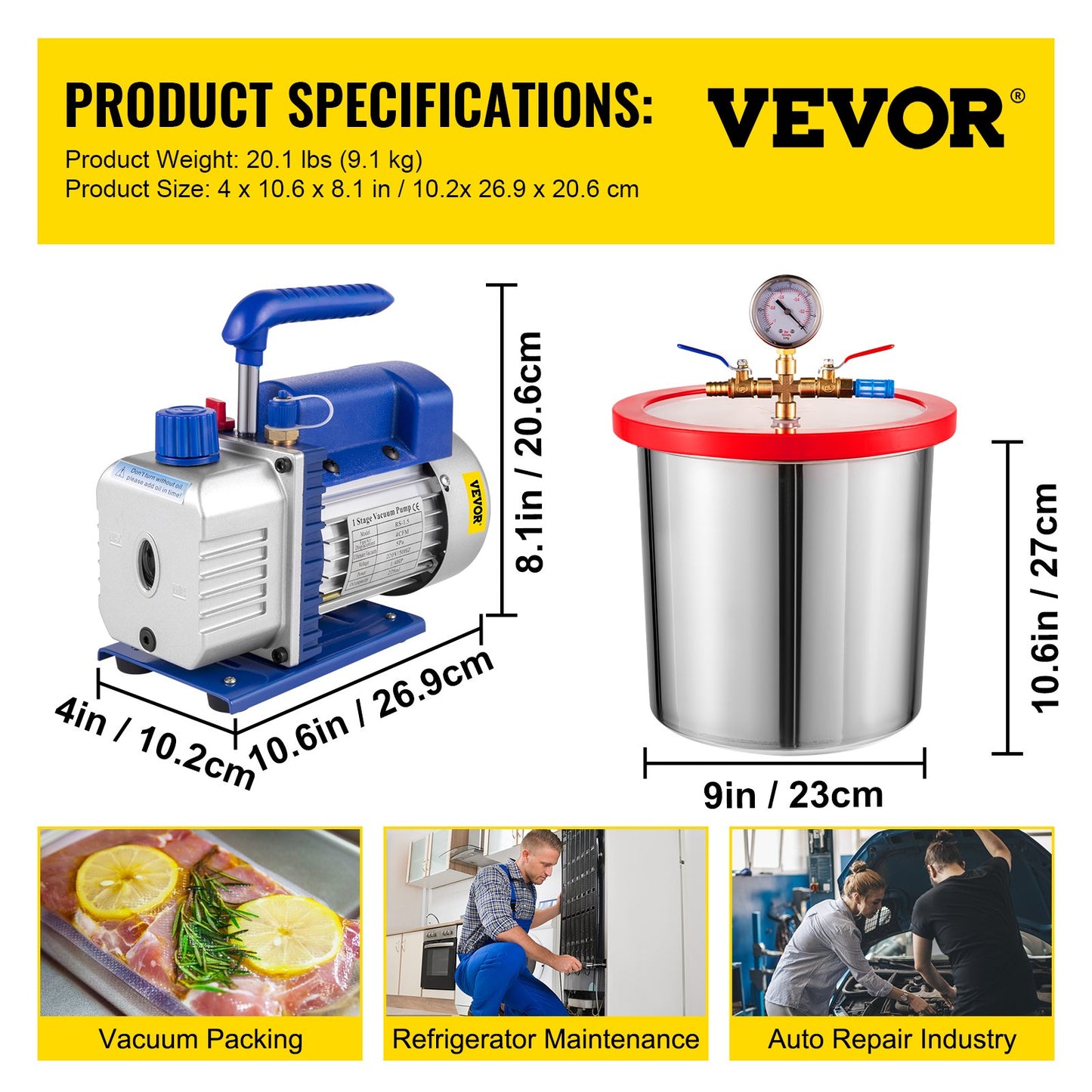 Vevor 4 CFM 1/3 HP Air Conditioner Vacuum Pump With 3 Gallon Vacuum Chamber