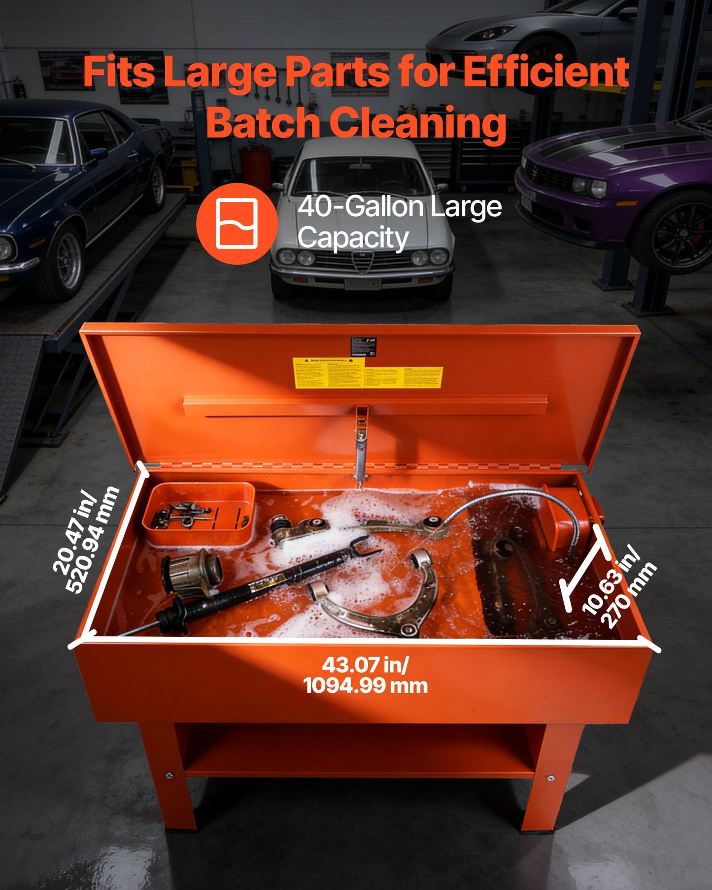 Parts Washer 135L Tank, 65L Solvent Capacity, 3L per Minute Max Pump Output, Heavy Duty Steel Cabinet Electric Pump Automotive Parts Washer Cleaner for Wheel Bearings, Gears, and Carburetors