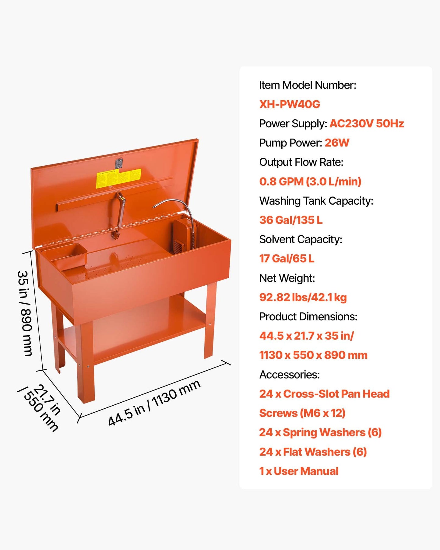 Parts Washer 135L Tank, 65L Solvent Capacity, 3L per Minute Max Pump Output, Heavy Duty Steel Cabinet Electric Pump Automotive Parts Washer Cleaner for Wheel Bearings, Gears, and Carburetors