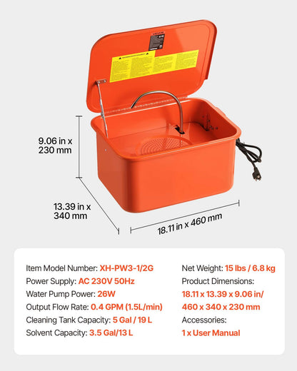 Parts Washer, 19L Cleaning Tank, 13L Solvent Capacity, 1.5L per Minute Max Pump Output, Portable Steel Automotive Parts Cleaner with Electric Pump for Wheel Bearings, Gears, and Carburetors