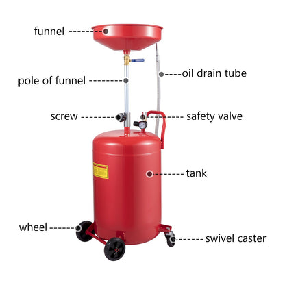 Waste Oil Drain Tank 80 L Portable Oil Drain Air Operated Drainer Oil Change, Oil Drain Container, Fluid Fuel Transfer Drainage Adjustable Funnel Height, with Pressure Regulating Valve