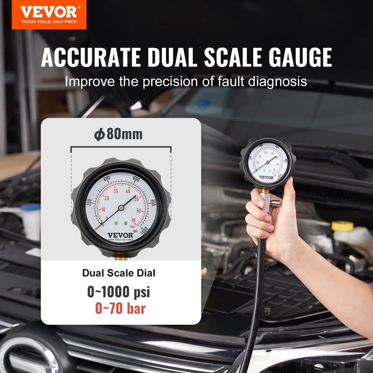 VEVOR Diesel Engine Compression Tester, 18 pcs Cylinder Pressure Test Tool Kit,