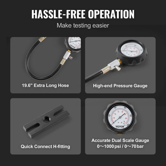 Diesel Engine Compression Tester Kit, 18-Piece, 0-1000 psi Gauge & Adapters
