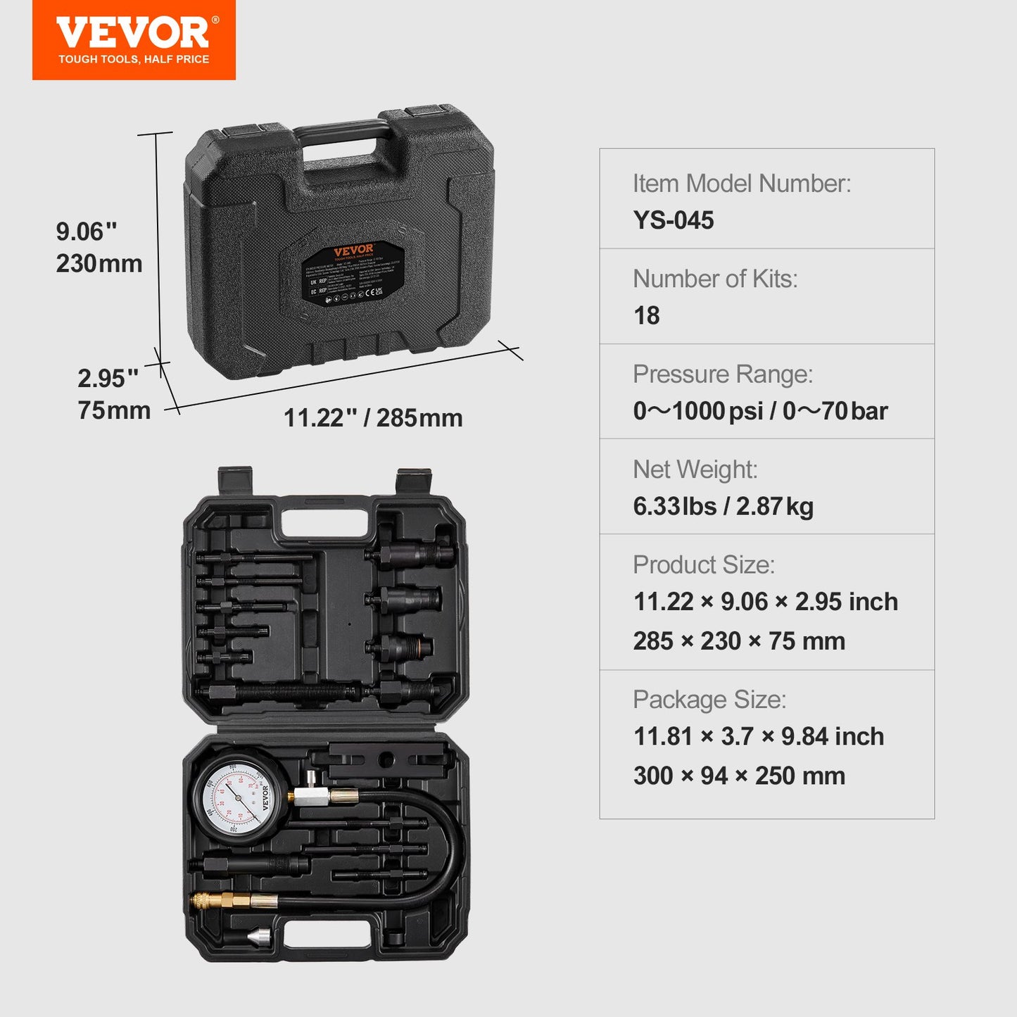 VEVOR Diesel Engine Compression Tester, 18 pcs Cylinder Pressure Test Tool Kit,