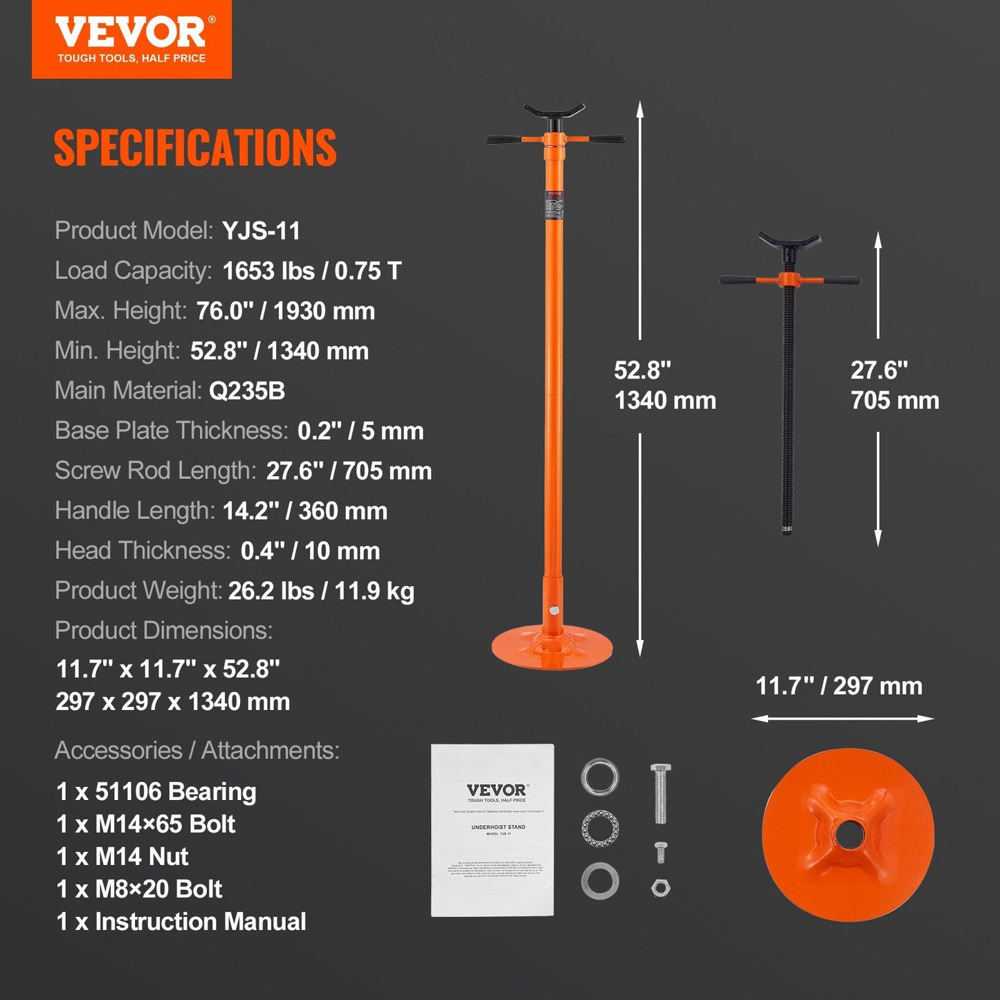 Heavy-Duty Underhoist Jack Stand, 3/4 Ton, Adjustable 1.34-1.93m Height