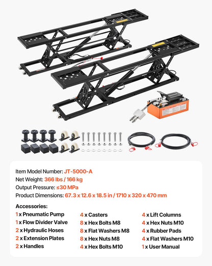 Portable Car Lift, 2 Ton Capacity, Heavy Duty Quick Lift with 650 mm Max Height, Pneumatic Pump, Wheels, 4 Rubber Pads & 4 Lifting Columns for Cars, Compact SUVs, Mini Trucks, Garage or Shop