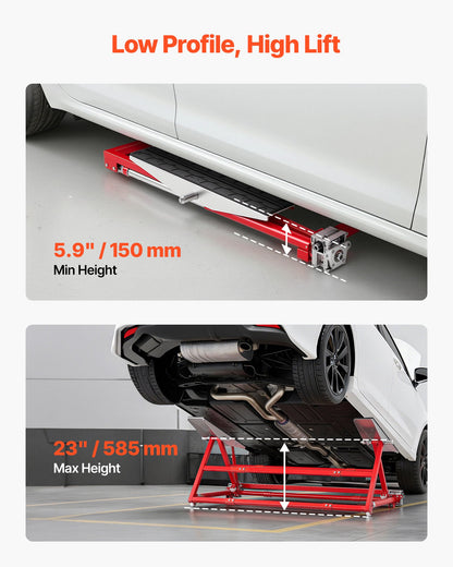 Portable Car Lift, 2 Ton Capacity, Heavy Duty Steel Quick Lift with 585 mm Max Height, Adjustable Width and Wheels, Manual Lifting for Cars, Compact SUVs, Mini Trucks, Home Garage or Shop Use