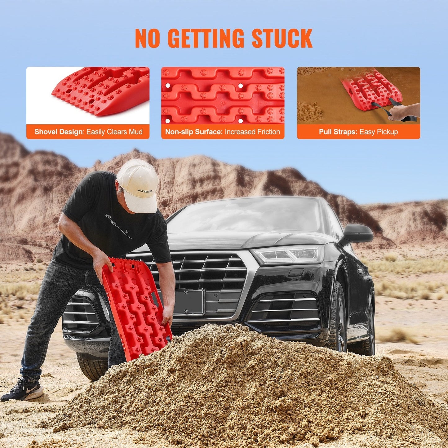 2PCS High-Strength Traction Boards for Mud, Snow, Sand with Storage Bag, Red