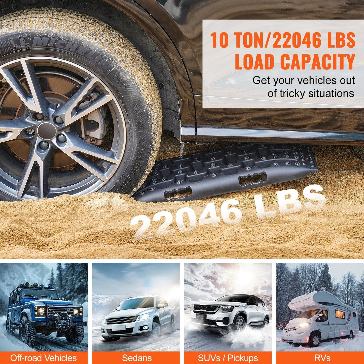 Heavy-Duty Traction Boards for Mud, Snow, Sand with Storage Bag, Black (2m, 10-ton)