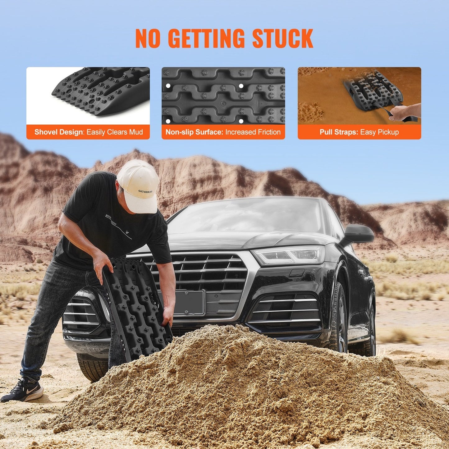 Heavy-Duty Traction Boards for Mud, Snow, Sand with Storage Bag, Black (2m, 10-ton)